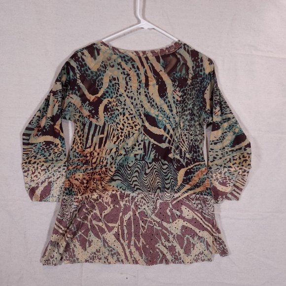 Cubism Abstract Animal Print Top Womens Medium Multicolor Perforations Shirt - Picture 9 of 14